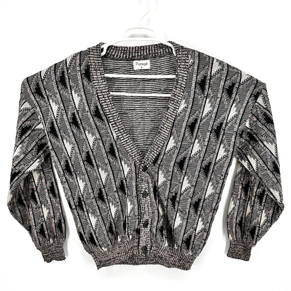 Vintage Protege Sweater Mens S Knit Cardigan Geometric Pattern 90s Pullover USA